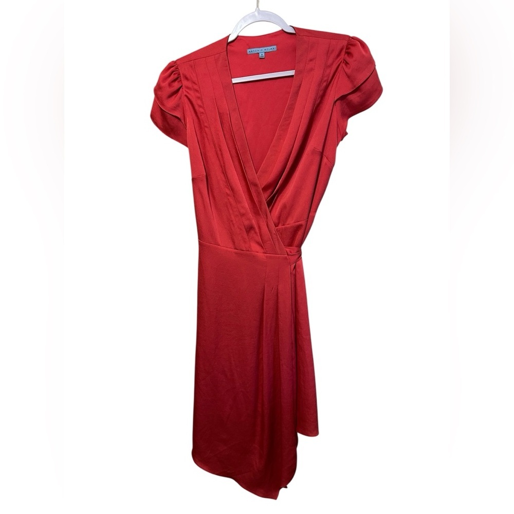 Antonio Melani Womens Bright Red‎ Pleated V-neck Short Sleeve Wrap Dress Size 8